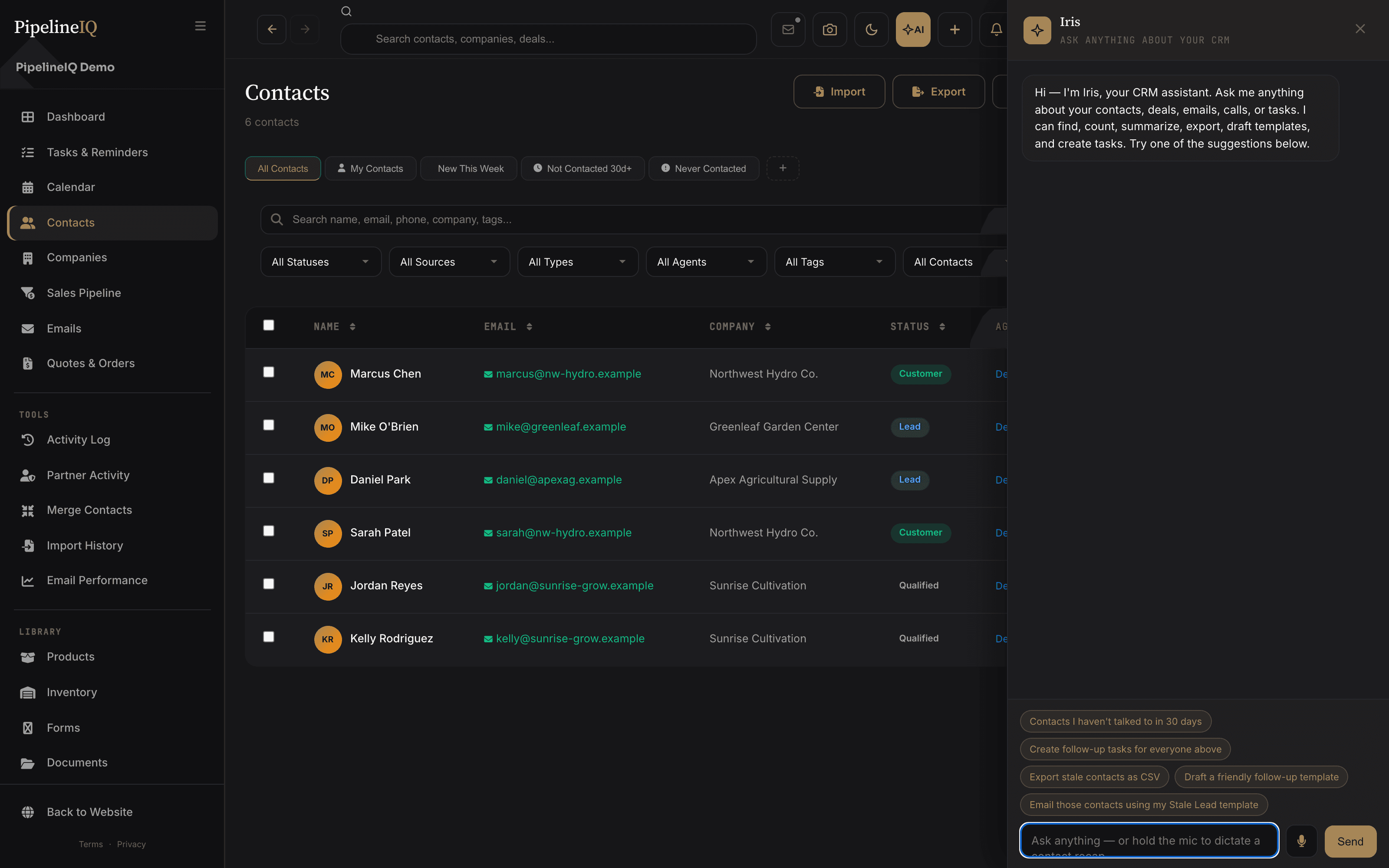 Iris AI panel inside PipelineIQ — drafting outreach beside the deal view