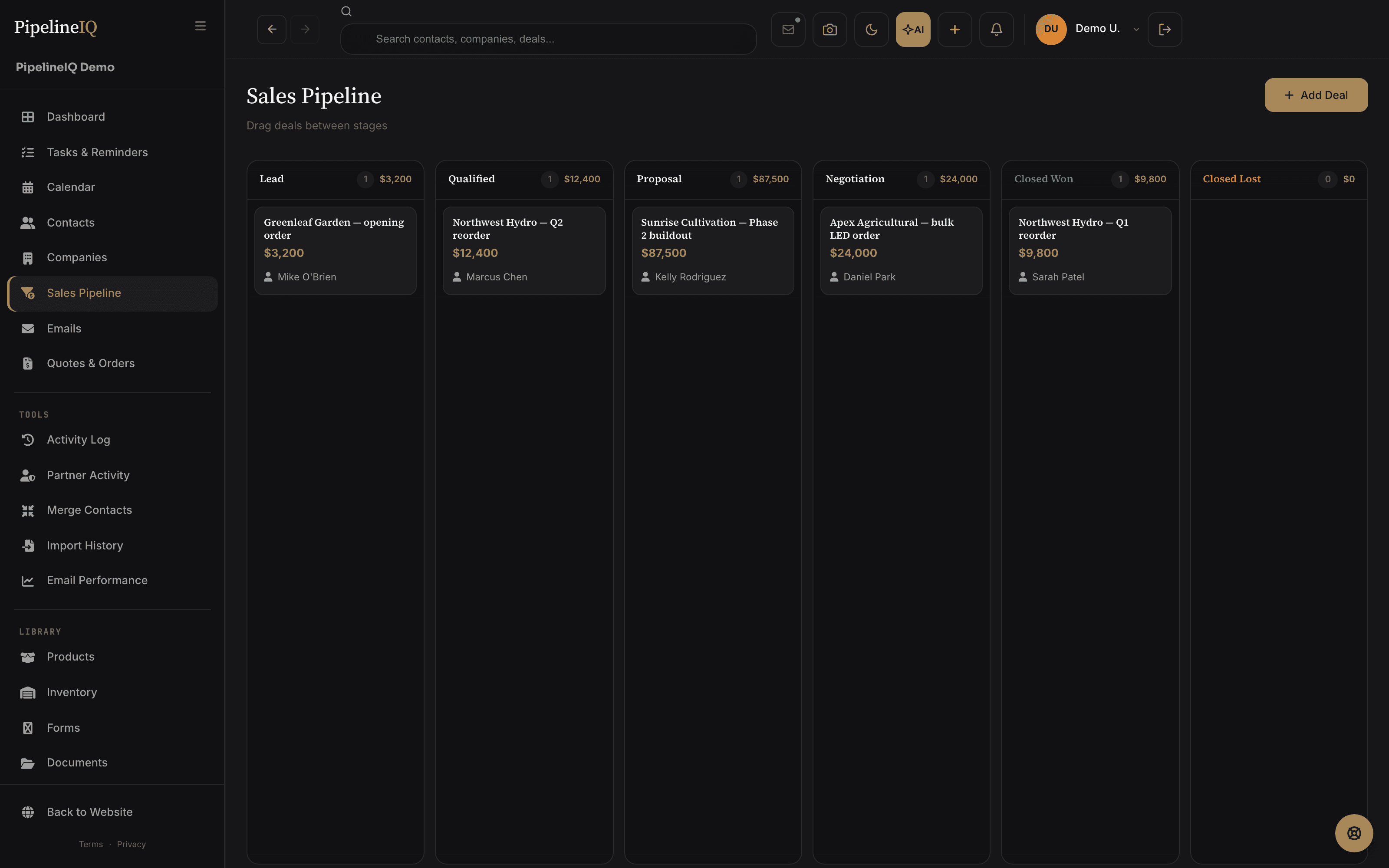 Pipeline kanban view in PipelineIQ — industry-aware deal stages